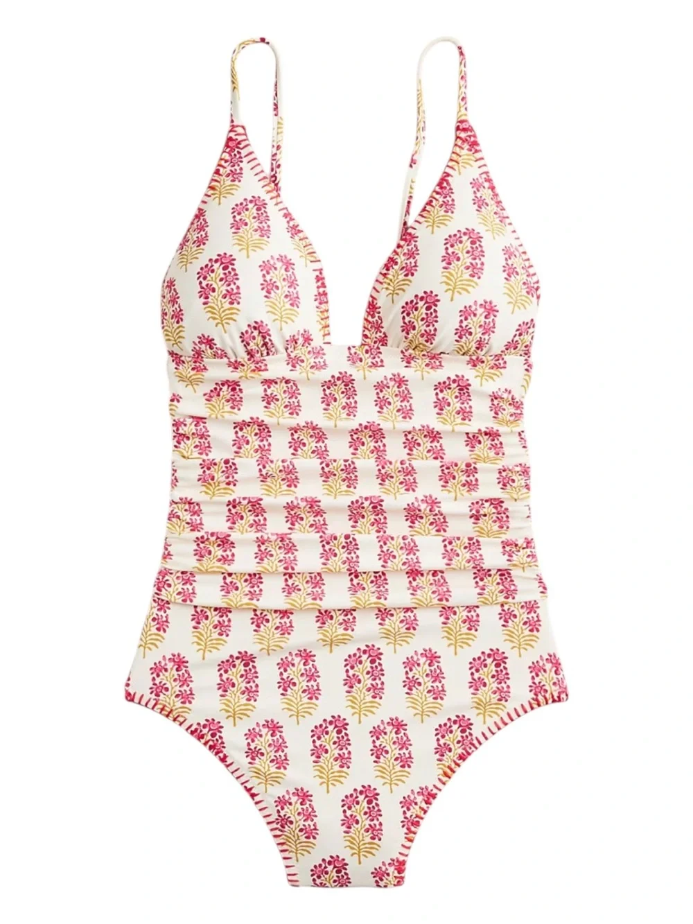 J Crew Ruched Plunge One-Piece Swimsuit Berry Block Print 14 Floral NWOT 2024